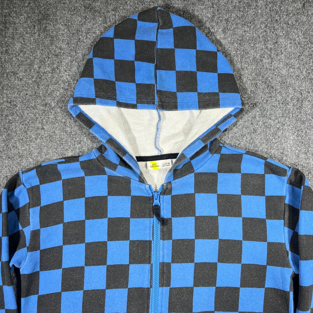 Y2K Skater Blue and Black Checkerboard Full Zip Hoodie Youth Large